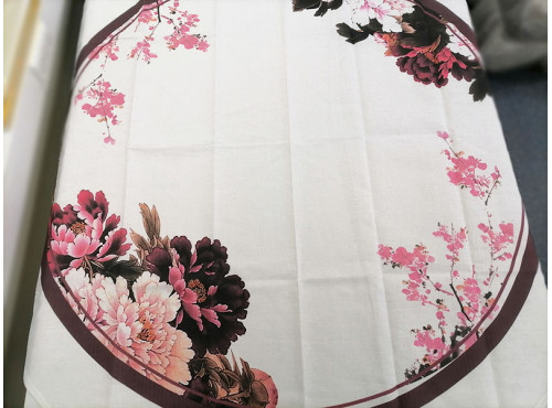 Скатерть белая льняная  круглая "Японский сад" 
